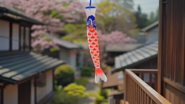 Rows of Koinobori Carp Streamers Across River Slow Motion &ndash; Japanese Children's Day Festival Cinematic Landscape