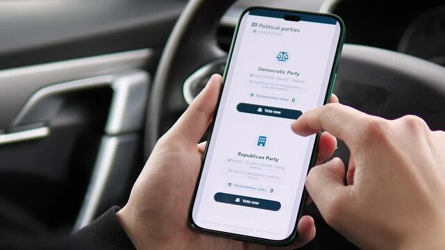 Close-up of a smartphone screen displaying a secure digital voting interface. A user scrolls through political party options in a realistic car setting. Ideal for content on electronic voting, modern