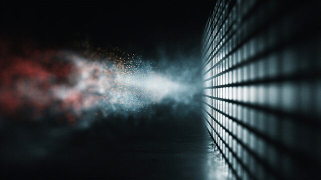 Abstract digital particle burst hitting a light wall representing network firewall security and data packet protection concept