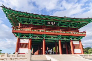 Fototapeta premium Woljeonggyo Bridge, Gyeongju, South Korea, in a autumn fall day with a blue sky, covered bridge, Silla Dynasty Pavilion, North Gyeongsang Province, Silla dinasty traditional Korean architecture