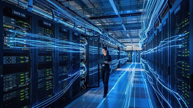Modern data center server room with glowing blue network connections and light trails, high-speed data transfer, cloud computing infrastructure, advanced technology interior, realistic detail, no