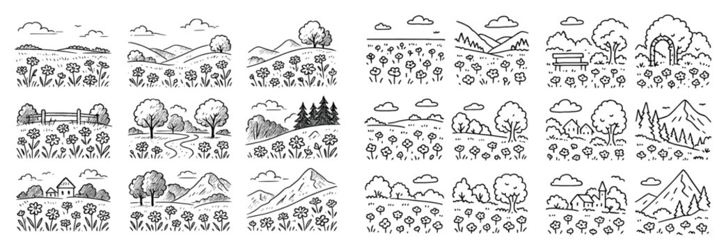 Landscape icons with trees mountains fields minimal