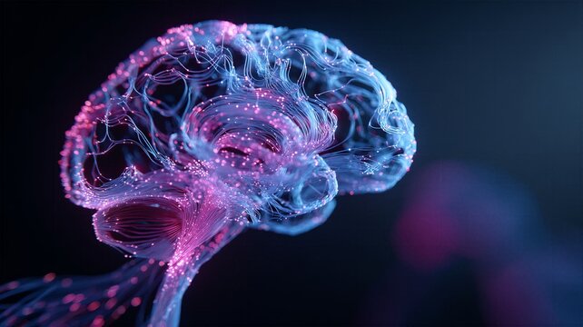 Luminous human brain made of glowing fiber optic neurons representing artificial intelligence deep learning and neuro technology