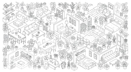 Fototapeta premium Isometric interior furniture and house plants collection