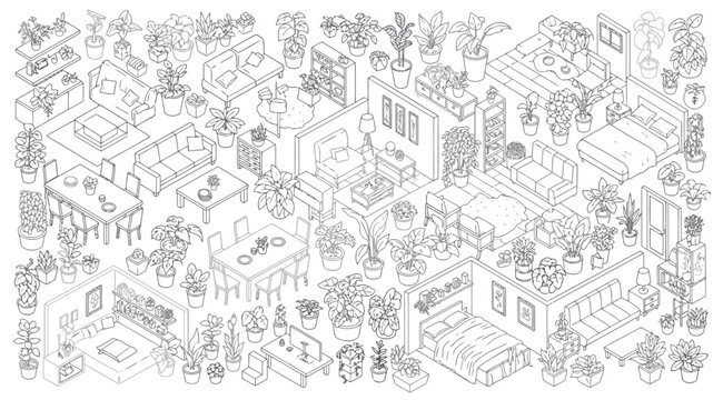 Isometric interior furniture and house plants collection