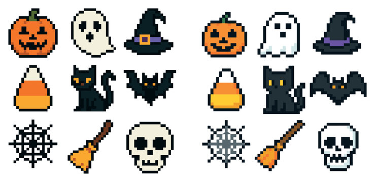 Halloween icons with pumpkin ghost witch pixel