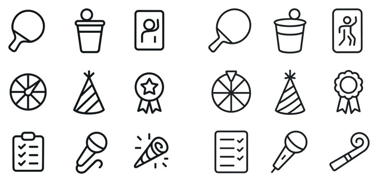 Party game icons with paddle cup ribbon outline