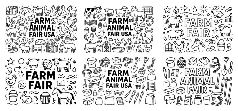 Farm animal fair doodles and tools display