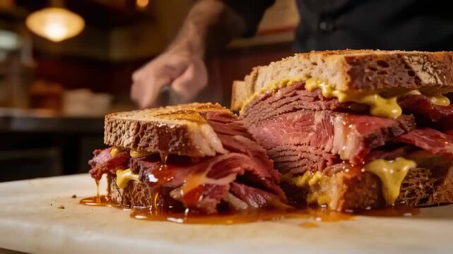 Slicing chef in dark jacket gripping knife cutting meat sandwich at deli to serve, mustard pooling