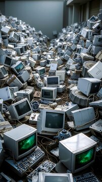 A pile of old computers sitting on top of a pile of trash