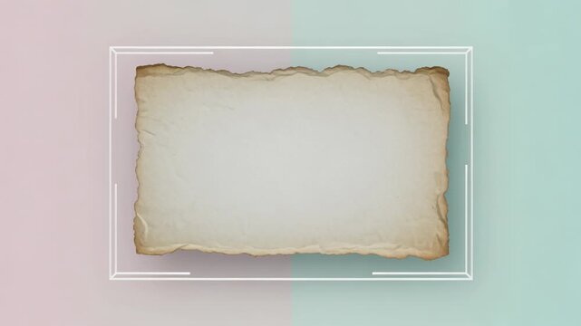 Animating white outline, aged parchment scaling into place on split pastel with burnt edges, shadow