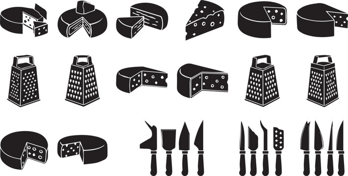Cheese Wheels Graters and Knife Set Kitchen Vector Icons