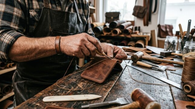 Person working with leather craft tools, handmade artisan workshop and craftsmanship concept, close-up of manual work, rich material textures, realistic detail, no logos