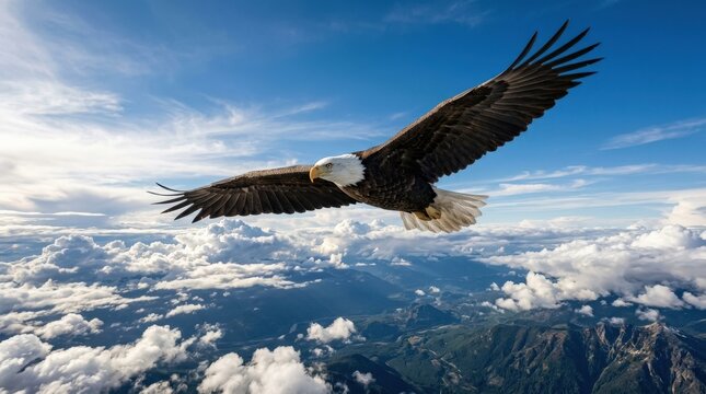 Majestic bald eagle soaring high above stunning clouds, dramatic bird of prey scene for freedom, vision and wilderness concepts, expansive sky, strong wings, realistic feather texture, cinematic