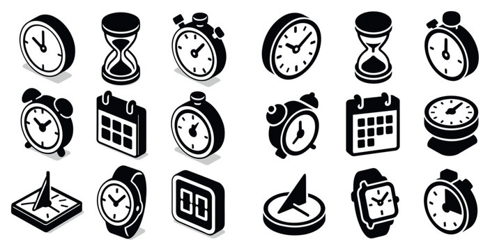 Time icons with clocks hourglass stopwatch minimal