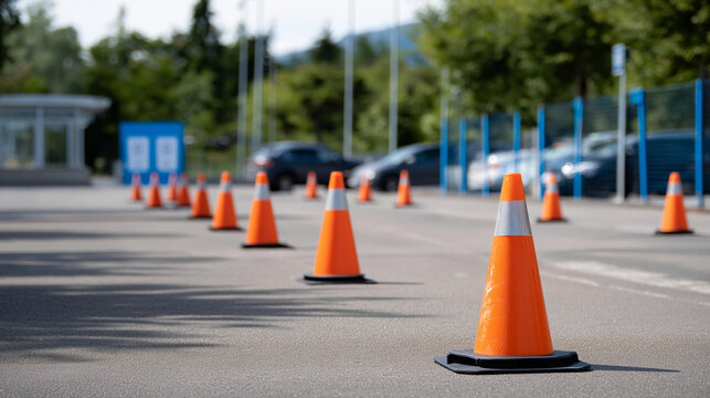 An empty driving course with cones arranged for a slalom exercise, no people, slalom exercise, cones arrangement, empty course, outdoor training, practice lot, preparation, driver education,