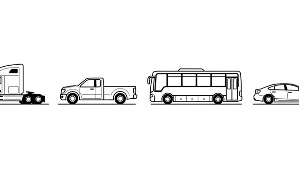 Truck pickup van bus and car vector set with transport vehicles flat side view collection