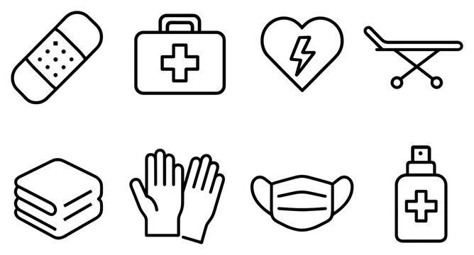 Medical icons with bandage firstaid mask outline linear