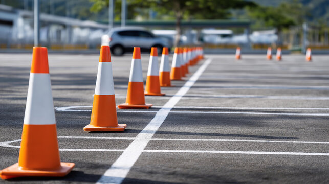 A training parking area marked with chalk lines and orange cones arranged for a parallel parking exercise, no people, driving test, training parking, practice skill, exam cones, driving school