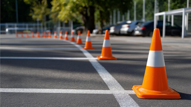 A training parking area marked with chalk lines and orange cones arranged for a parallel parking exercise, no people, driving test, training parking, practice skill, exam cones, driving school