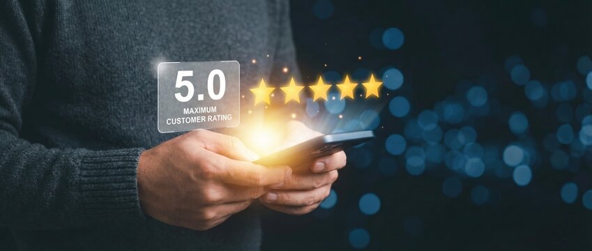 Customer satisfaction rating digital space graphic design indoor setting close-up view enhancing business reputation with positive feedback