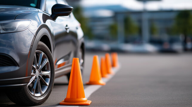 A car parked beside a carefully placed row of bright orange cones on a wide empty training area, no people, driving school concept, traffic cones, training car, practice ground, exam