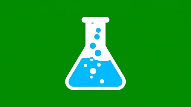 A conical flask with bubbling blue liquid on a green background.