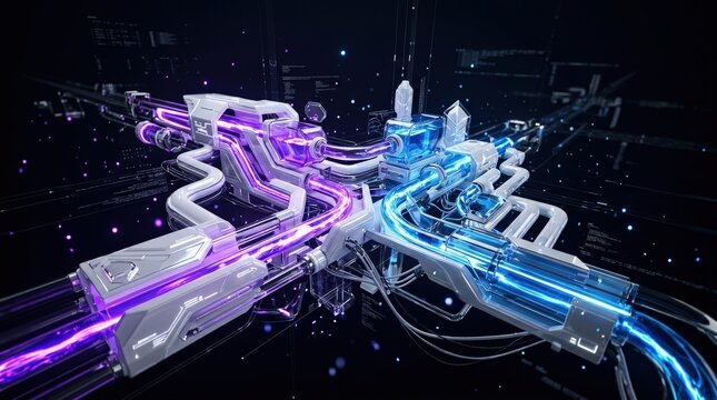 white glass and liquid acrylic cyber elements glowing in purple and electric blue on a deep black backdrop, glossy reflective surfaces, cinematic sci-fi cover-art mood, sleek futuristic depth,