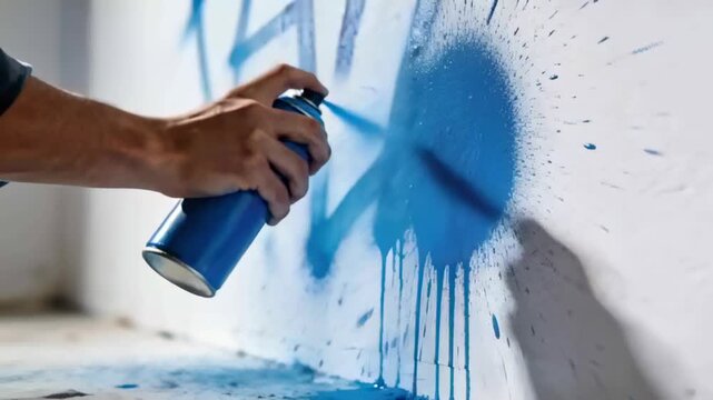 Pressing nozzle, right hand spraying with blue spray paint can on white plaster wall, marking