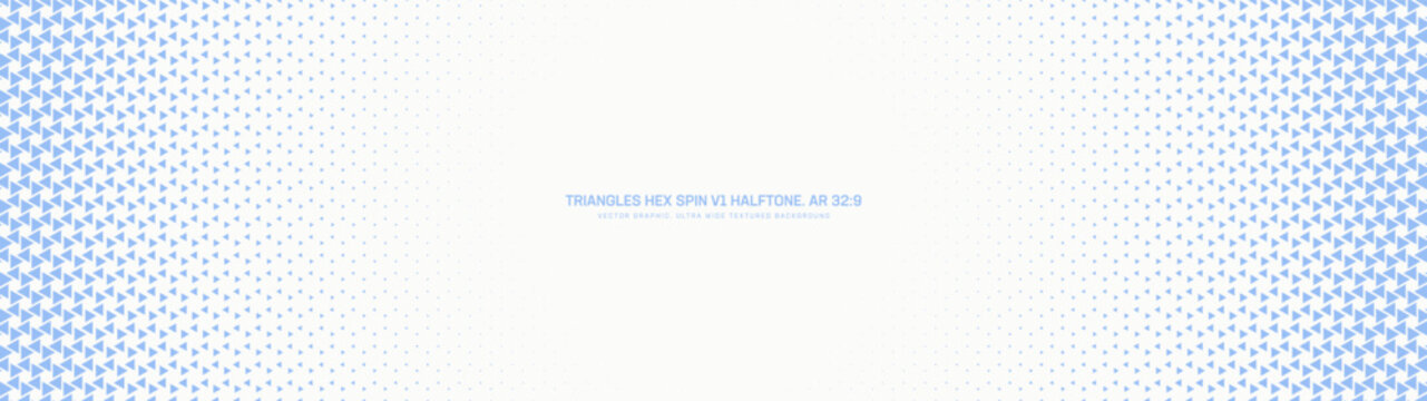 Triangles hexagonal grid halftone pattern radial faded frame ultra wide 32:9 aspect ratio white blue vector abstract background. Half tone modern technology graphic panoramic format light abstraction