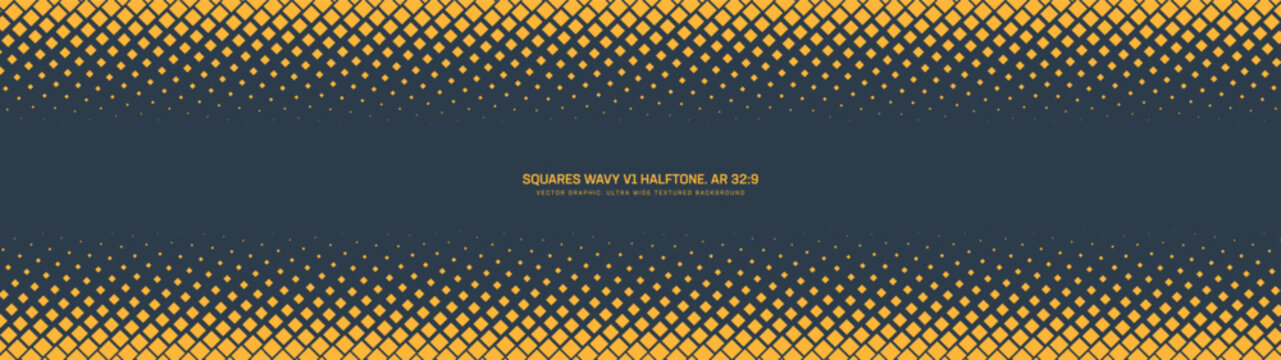 Square wavy grid halftone pattern faded horizontal border ultra wide 32:9 aspect ratio vector yellow black abstract background. Half tone texture panoramic format retro futuristic graphic abstraction