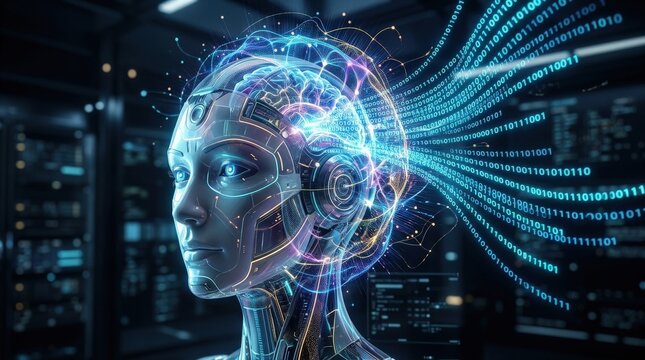 A digital human head with binary code flowing outward from the brain, luminous streams, layered neural energy, dark modern backdrop, visionary artificial intelligence atmosphere, ultra-realistic, no