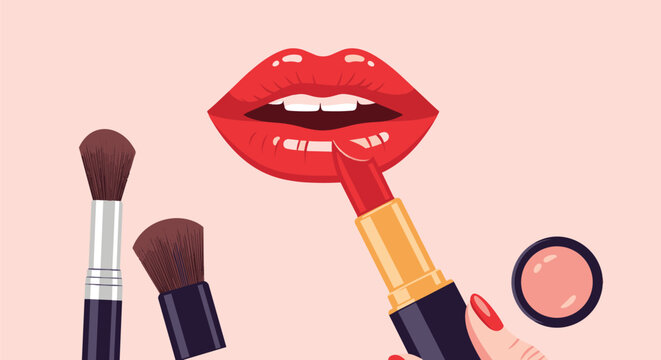 Lipstick application on lips with makeup brushes.