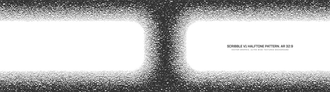 Scribble graphic texture halftone pattern dual frame ultra wide 32:9 aspect ratio black white vector abstract background. Handdrawn rough rippled messy lines graphical panoramic format grunge backdrop