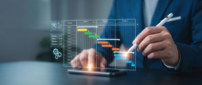 Project management techniques office environment digital gantt chart professional setting close-up view effective workflow visualization for enhanced team collaboration