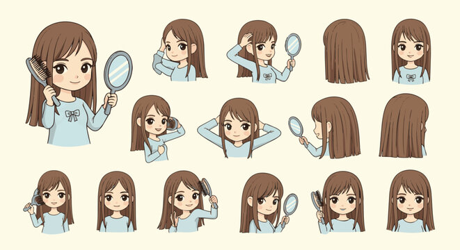 Cartoon girl character expression sheet set.