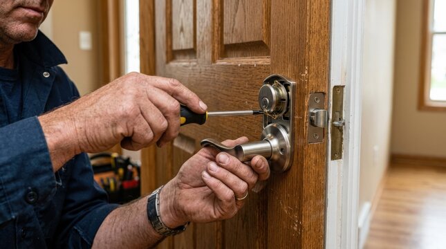 Man's hands installing or repairing a door lock and handle on a wooden door with a tool, home security and repair concept, close-up realism, no logos