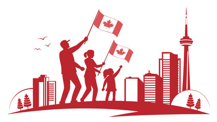 Obraz premium Canadian family silhouette holding flags with city skyline and CN tower in background in red monochrome patriotic style