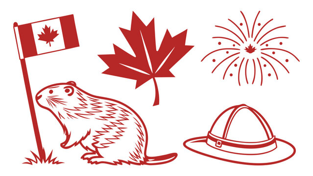 Canadian symbols illustration with maple leaf beaver flag and ranger hat in red line style with fireworks decorative elements
