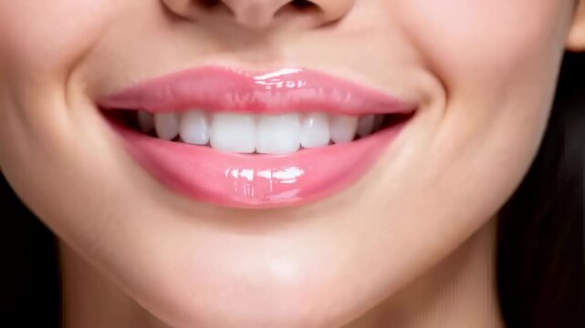 Smiling adult woman holding glossy lips parting to show upper teeth after director cue in studio