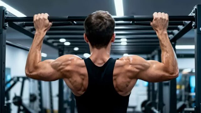 Holding overhand grip, man doing pull-ups on power rack building back strength at gym, black tank