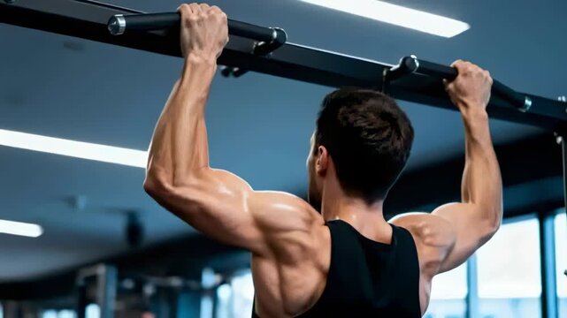 Gripping overhand pull-up bar, muscular man performing reps for strength at gym, wearing black tank