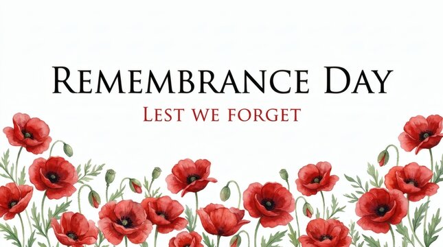Remembrance Day banner with red watercolor poppies and lest we forget text on white background.