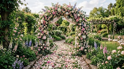Obraz premium Stunning floral arch in a romantic garden escape, elegant blooming pathway with lush petals, enchanting scenery and dreamy wedding atmosphere, premium botanical setting for celebration concepts, soft