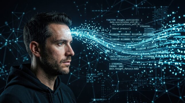 A digital data stream flowing outward from a human head, glowing particles and code, dark expansive background, intelligent artificial atmosphere, ultra-realistic, no logos.