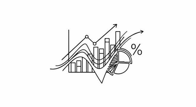 Abstract graphic representation of financial growth with charts, bars, and percentages