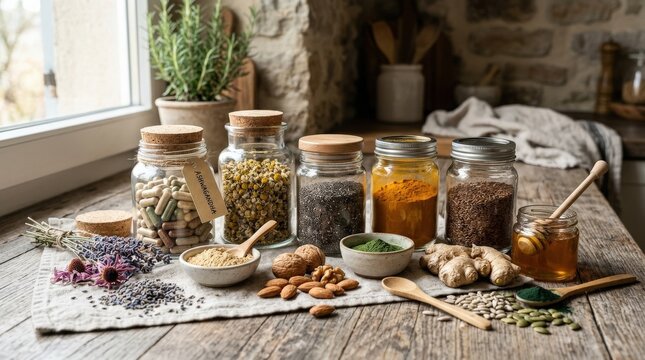 Assorted natural supplements and wholesome ingredients arranged for healthy living, capsules, herbs, seeds and jars with tactile detail, soft balanced light and a refined wellness atmosphere,