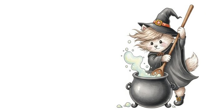 Cute cat witch brewing potion in cauldron for halloween celebration design