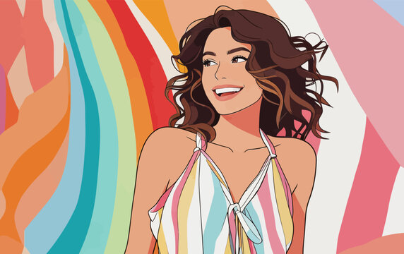 Cheerful curly haired woman in striped halter top with rainbow background