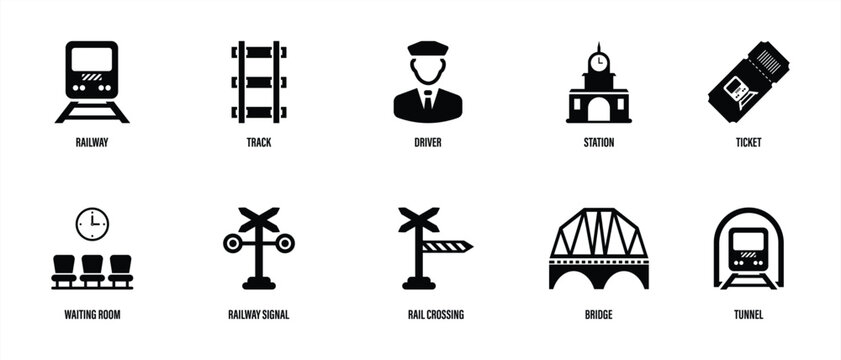 Railway Icon Set &ndash; Train Station Track and Transport Infrastructure Symbols Collection